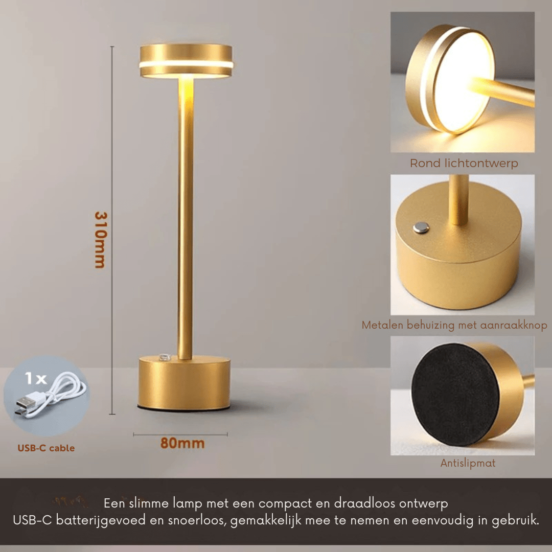Aurea | De Luxe Draadloze Tafellamp in Goud - Lampista