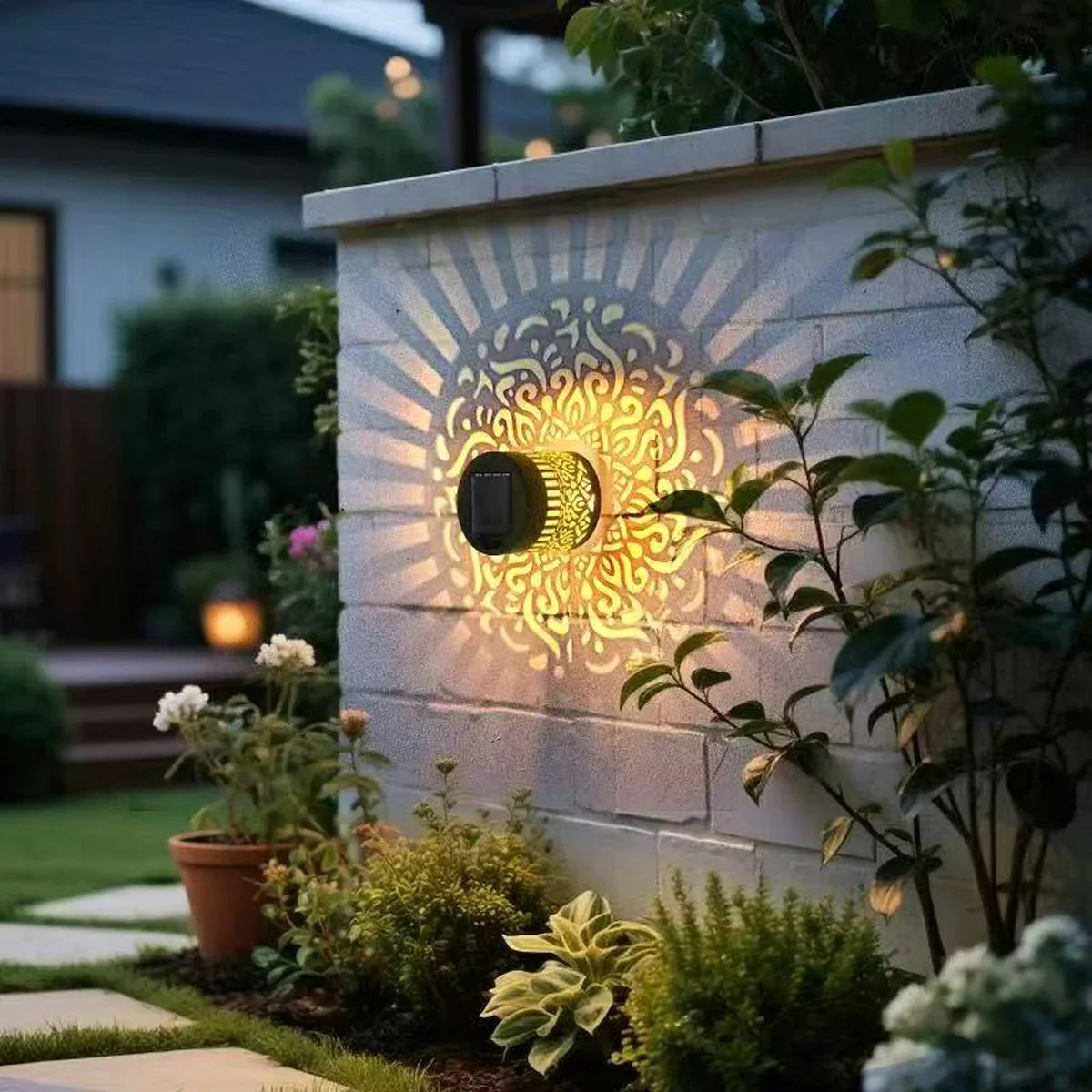 Solana solar mandala projectielamp aan witte tuinmuur