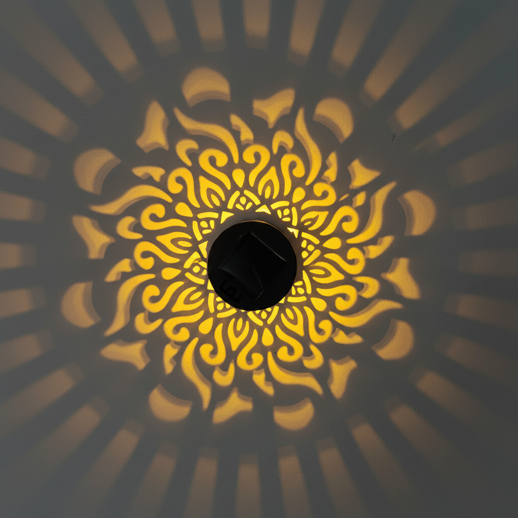 Solana solar mandala projectielamp met gouden lichtpatroon op muur